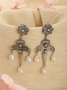 Aatmana - Silver Plated Floral Shaped Contemporary Pearl Drop Earrings