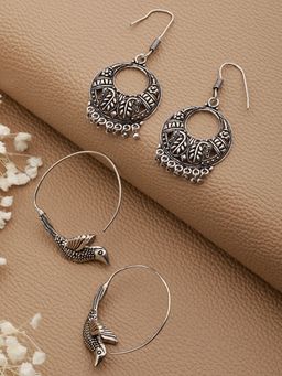 Aatmana - Set Of 2 Silver Plated Brid Shaped Hoop & Chandbali Earrings
