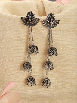 Aatmana - Oxidised Silver Plated Peacock Shaped Jhumka Earrings