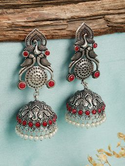 Aatmana - Red Stone Studded & Pearl Beaded Peacock Shaped Temple Jhumka Earrings