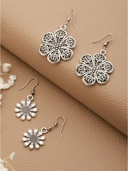 Aatmana - Set Of 2 Silver Plated Floral Shaped Drop Earrings