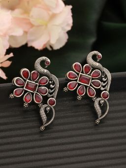 Aatmana - Silver Plated & Red Stone Studded Oxidised Peacock Shaped Drop Earrings