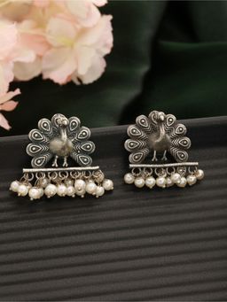 Aatmana - Silver Plated & Pear Beaded Oxidised Peacock Shaped Drop Earrings