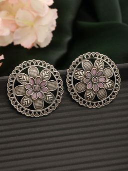 Aatmana - Pink & Silver Plated & Oxidised Textured Floral Stud Earrings