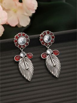 Aatmana - Silver Plated Red & White Stone Studded Contemporary Drop Earrings