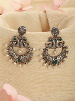 Aatmana - Oxidized Silver Toned Green Stone Studded & Pearl Dome Shaped Chandbalis