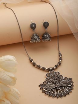 Aatmana - Silver Plated Peacock Shaped Oxidized Jewellery Set
