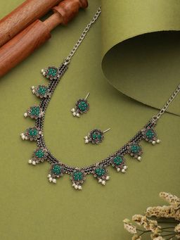 Aatmana - Silver Plated Green Stone Studded & Pearl Beaded Oxidised Jewellery Set