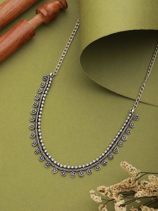 Aatmana Silver Plated Floral Shaped Oxidised Necklace