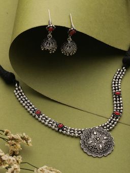 Aatmana - Oxidised Silver Plated Red Stone Studded Jewellery Set