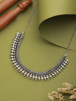 Aatmana - Silver Plated Pearl Beaded Floral Oxidised Necklace