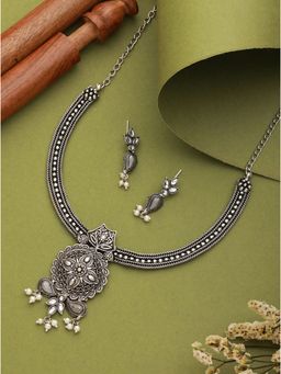 Aatmana - White Silver Plated Oxidised Stone Studded Floral Jewellery Set