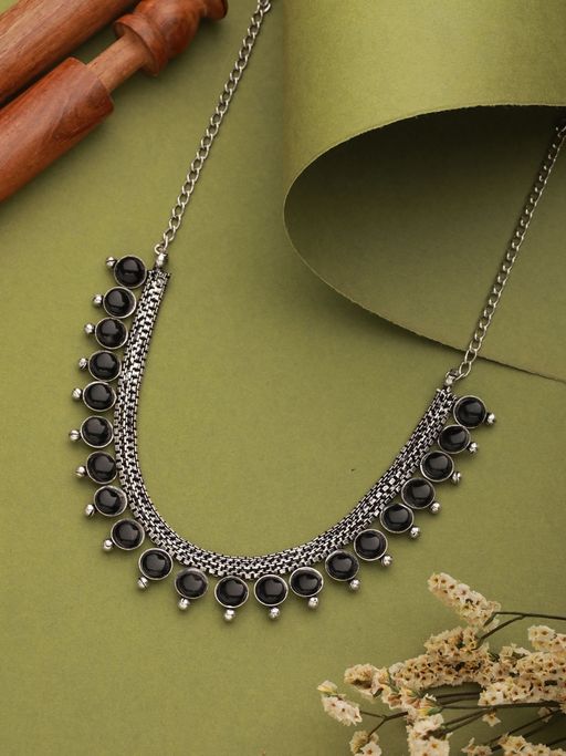 Aatmana Silver Plated Black Stone Studded Oxidised Necklace
