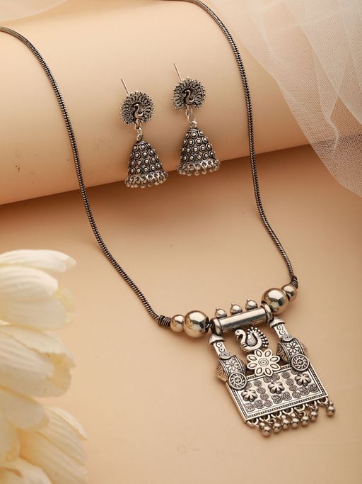 Aatmana Silver Plated Peacock Shaped Oxidized Jewellery Set