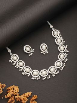 Aatmana - Silver Plated Cz Stone Studded & Pearl Beaded Jewellery Set