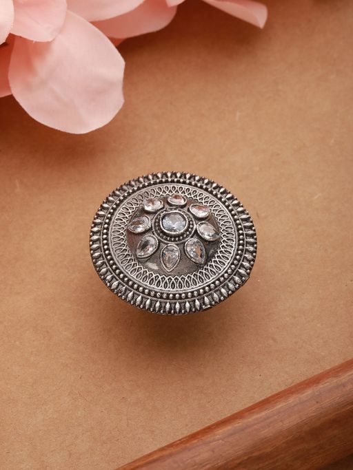 Aatmana Oxidized Silver Toned & White Stone Studded Adjustable Finger Ring