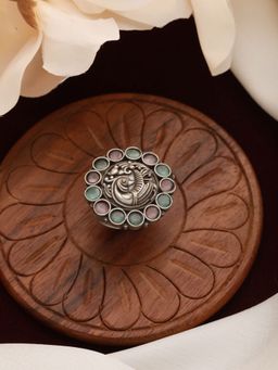 Aatmana - Silver Plated Pink Green Stone Studded Oxidised Peacock Shaped Finger Ring