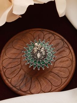 Aatmana - Silver Plated Green Stone Studded& Ghungroo Finger Ring
