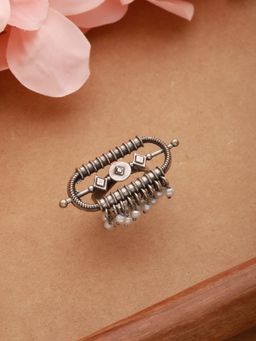 Aatmana - Silver Plated & Pearl Beaded Oxidised Finger Ring