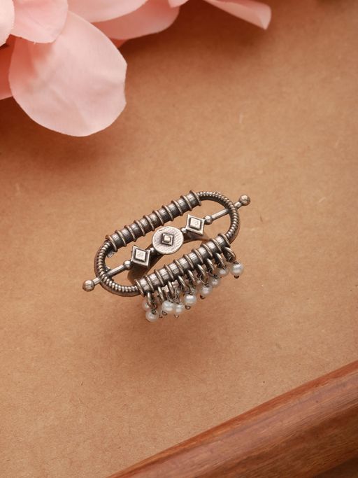 Aatmana Silver Plated & Pearl Beaded Oxidised Finger Ring