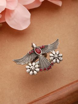 Aatmana - Silver Plated & Red Stone Studded Oxidised Bird Shaped Adjustable Finger Ring