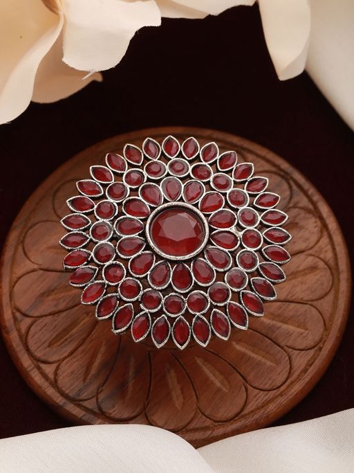 Aatmana Silver Plated Red Stone Studded Flower Shaped Adjustable Finger Ring