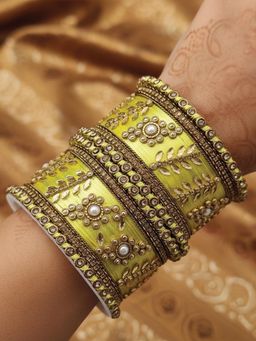 I Jewels - Gold Plated Yellow Silk Thread Kundan Studded 10 Bangles for Women
