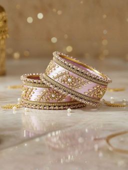 I Jewels - Gold Plated Pink Silk Thread Kundan Studded 10 Bangles for Women