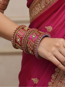 I Jewels - Gold Plated Dark Pink Silk Thread Kundan Studded 10 Bangles for Women