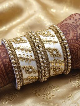 I Jewels - Gold Plated White Silk Thread Kundan Studded 10 Bangles for Women