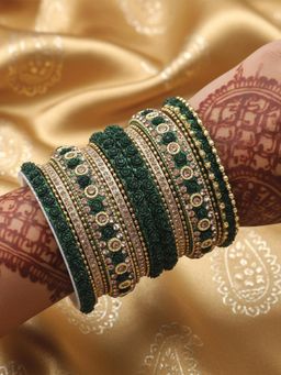 I Jewels - Gold Plated Green Stone Studded 18 Bangles for Women
