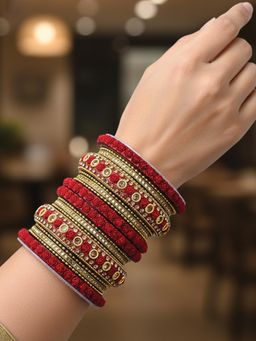 I Jewels - Gold Plated Red Stone Studded 18 Bangles for Women