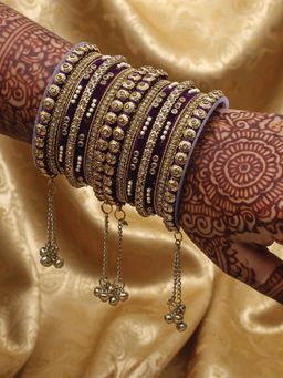 I Jewels - Gold Plated Velvet Ghungroo Latkan 14 Bangles for Women