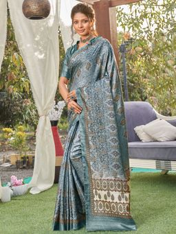 Akhilam - Womens Pashmina Silk Blue Printed Designer Saree with Unstitched Blouse