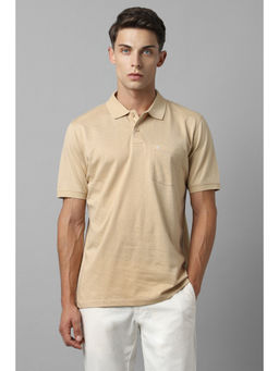 Louis Philippe - Men Beige Self Design Polo Neck T-Shirt