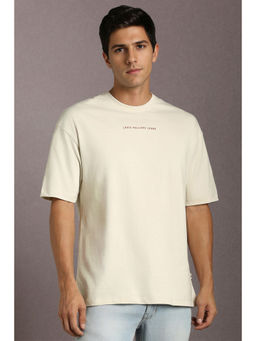 Louis Philippe - Men Beige Embroidered Crew Neck T-Shirt