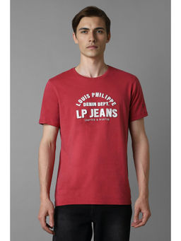 Louis Philippe - Men Red Typography Crew Neck T-Shirt