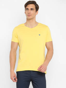 Turtle - Men Yellow Solid Polycotton V-Neck T-Shirt