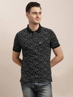 Turtle - Men Slim Fit Black Printed Cotton Stretch Polo T-Shirt