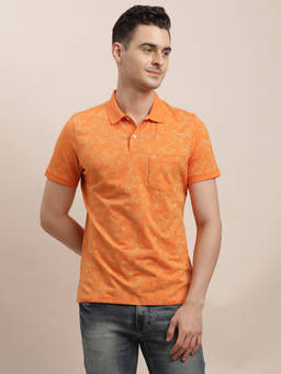 Turtle - Men Orange Printed Slim Fit Cotton Stretch Polo T-Shirt