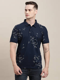Turtle - Men Slim Fit Blue Printed Polycotton Stretch Polo T-Shirt