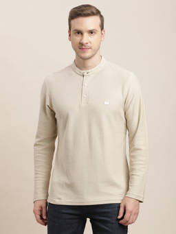 Turtle - Men Beige Dobby Slim Fit Pure Cotton Henley Neck T-Shirt