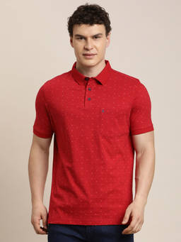 Turtle - Men Red Printed Slim Fit Pure Cotton Polo T-Shirt