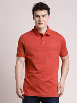 Turtle - Men Orange Printed Slim Fit Pure Cotton Polo T-Shirt