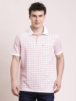 Turtle - Men Slim Fit Light Pink Printed Cotton Stretch Polo T-Shirt
