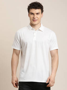 Turtle - Men Slim Fit White Solid Knitted Polo T-Shirt