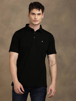 Turtle - Men Slim Fit Black Solid Knitted Polo T-Shirt