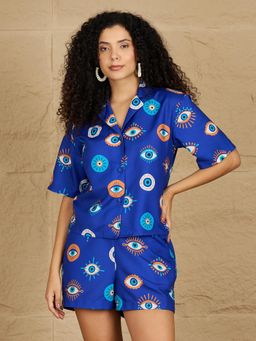 Kibo - Women Blue Linen Collar Neck Shirt with Shorts