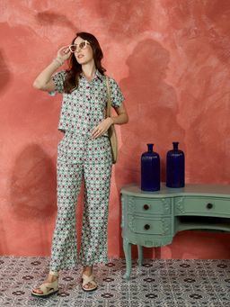 Kibo - Women Green Linen Collar Neck Shirt with Pant