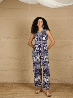 Kibo - Women Navy Blue Cotton V-Neck Co-Ord Set